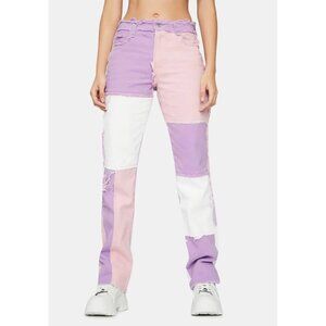 Jaded Purple, Pink, & White Boyfriend Fit Patchwork Distressed Denim Jeans Sz 24
